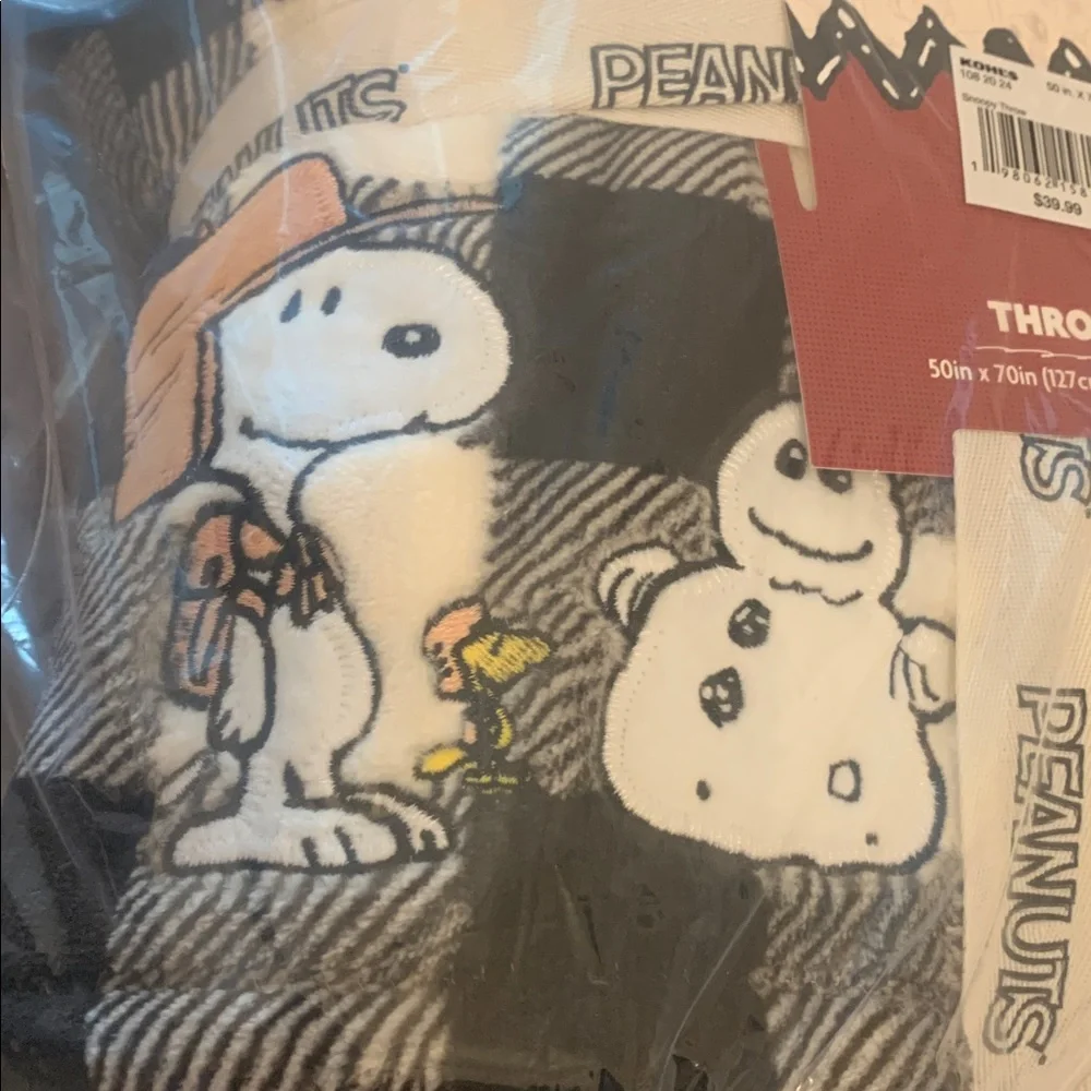 Peanuts Christmas Snoopy Woodstock Snowman Throw Blanket 50x70. Black Plaid